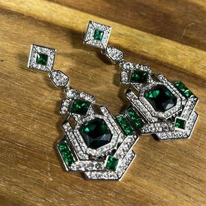 OFF PARK COLLECTION WHITE AND GREEN CRYSTAL SILVER TONE DECO EARRINGS
